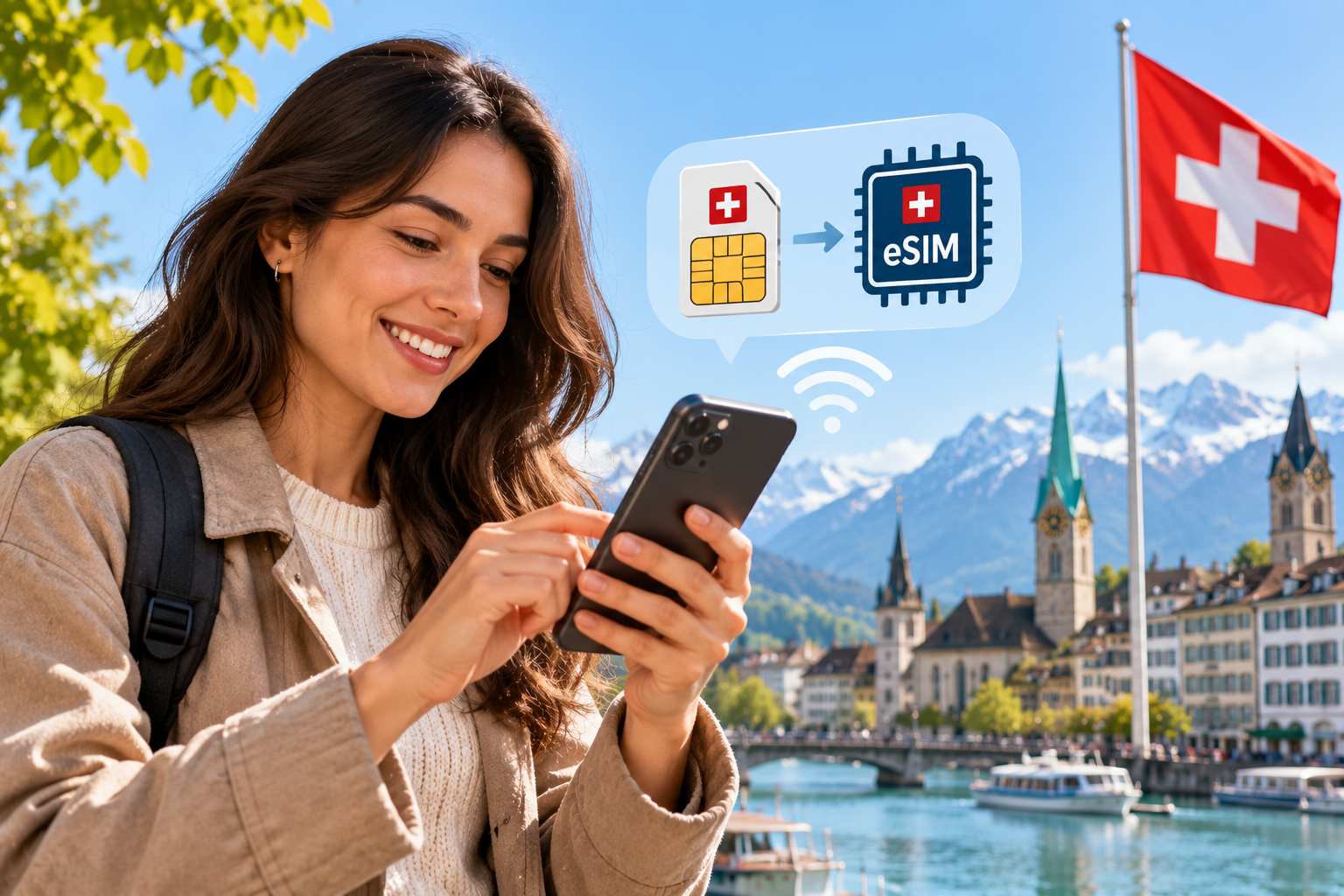 Persona utilizando un teléfono móvil con una SIM o eSIM suiza