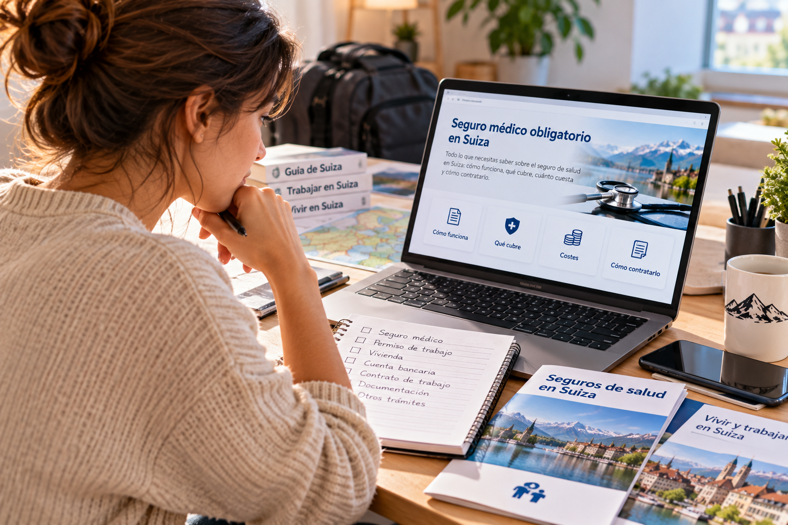 Persona consultando información sobre el seguro médico obligatorio en Suiza